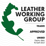Leather Working Group (LWG) Trader Approved certification badge with UNI001 registration number